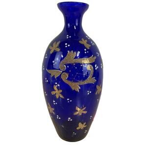 Vintage Signed Moser Art Glass Cobalt Blue Vase Gold Gilt Good Condition